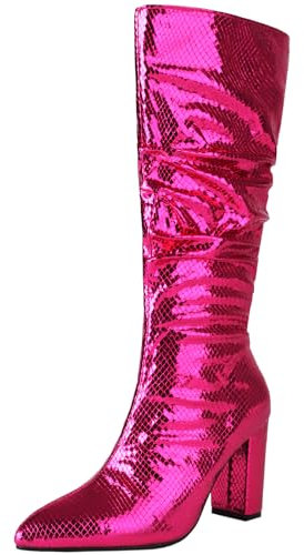 CHICMARK Stivali alti al ginocchio alla moda da donna lucidi con punta e tacco a blocco, fucsia, 35 EU