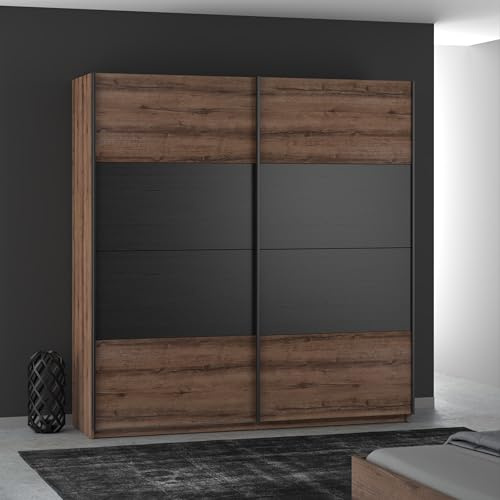 Forte Dreamer Kleiderschrank 200,Schrank mit Schwebetüren, 2-türig, Holzwerkstoff, Schlammeiche/Schwarzeiche Dekor, 200,1 cm breit, 209,7 cm hoch, 51,2 cm tief