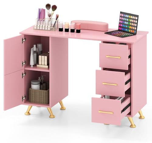 RELAX4LIFE Table de Manucure avec Rangement, Bureau Manucure avec 3 Tiroirs, 2 Armoires, Table Onglerie avec Coussin de Poignet Amovible, Grande Capacité, Plateau 108X45 CM pour Salon de Beauté(Rose)
