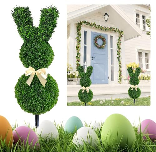 7Ocm Bunny Topiary, Árboles Ttopiarios en Forma de Conejo - Planta Topiaria de Boj de Conejo de Pascua -Resistente a los rayos UV para la decoración del Porche de Pascua al aire libre/interior (1, B)
