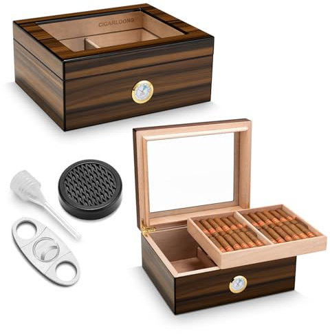 Zigarren Humidor Zeder Zigarre Desktop Humidor Glasplatte mit Zigarrenschneider, Hygrometer & Befeuchter, große Kapazität Dual-Zone Zigarre Storage Box für hält 50-75 Zigarren ﻿ (Medium)