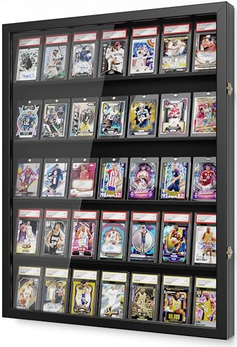 Emfogoo Marco de exhibición para cartas coleccionables, soporte de pared de 5 niveles en madera con puerta HD transparente, soporte para cartas de béisbol, exhibidor para cartas deportivas y colección