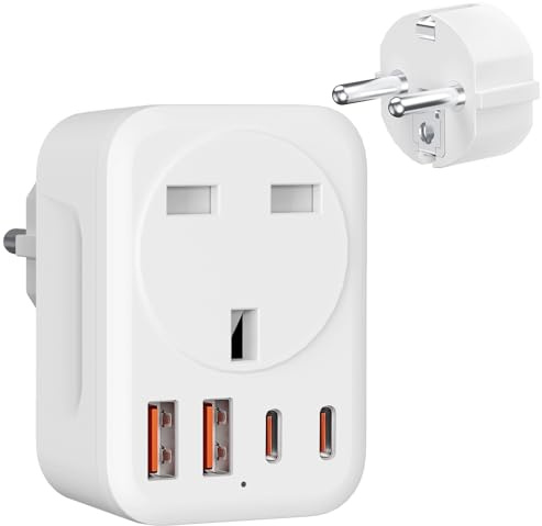 Dalimee UK to European Plug Adapter, 5 in 1 UK to EU Plug Adapter with 1 AC Socket (Type G 3-pin), 2*USB-C and 2*USB-A, Travel Adapter uk to Europe for Germany/Spain/France/Iceland/Greece/Turkey,etc.