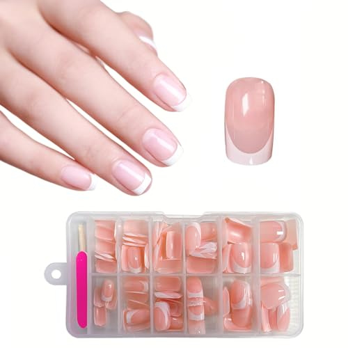 French Nails künstliche Nägel, kurz, quadratisch, kurze Nägel, weiße Spitze, französische Kunstnägel, 120 Stück, vollständige Abdeckung, zum Aufkleben, Nailart, Maniküre-Dekorationen
