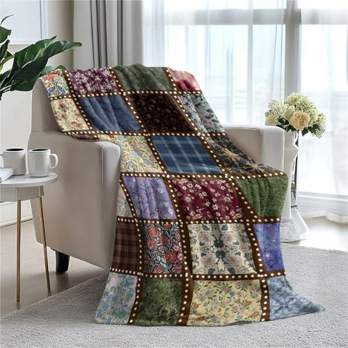 Flowers Patchwork Plaid Throw Blankets Fleece Blanket Super Soft Plush Large Throw Blanket Cozy Fuzzy Bed Blankets Microfiber Flannel Blankets for Couch, Bed, Sofa-40X50in
