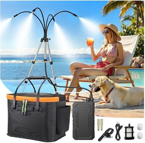 Sistema de nebulización portátil con soporte, juego de nebulizadores de refrigeración de agua de 6000 mAh para patio exterior, cubo de 20 L, altura ajustable de 4.9 pies (59 pulgadas) para exteriores