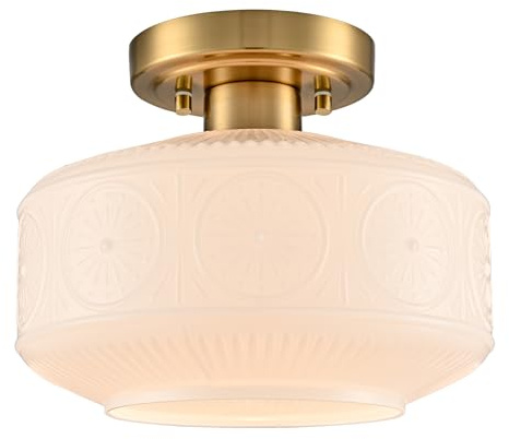 DAYCENT Semi Flush Mount Ceiling Light Gold Modern Ceiling Lighting 9-Inch Vintage Globe Milk White Glass Hallway Light Fixtures Hardwired Small Brass Flush Mount Light for Bathroom Porch Entryway