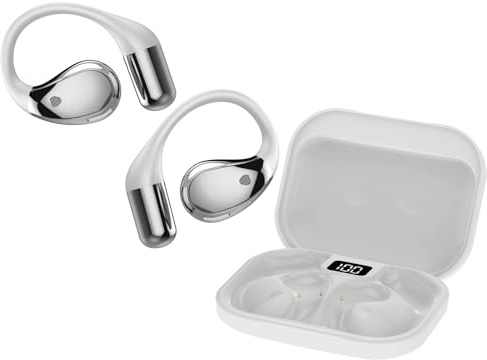 Auriculares inalambricos Deportivos, Cascos lnalámbricos Bluetooth V6.0 Hi-Fi Estéreo, Llamada ENC HD, 40H Auriculares Oreja Abierta con Gancho, IPX7 Impermeable Auriculares para Sport/Running, Blanco