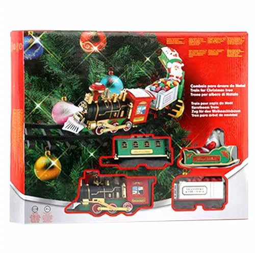 Hotainoys Set de Tren de árbol de Navidad con luz y Sonido, Tren de Navidad Colgante con Locomotora, vagón de carbón, carruaje, Trineo y vías, árbol Realista para