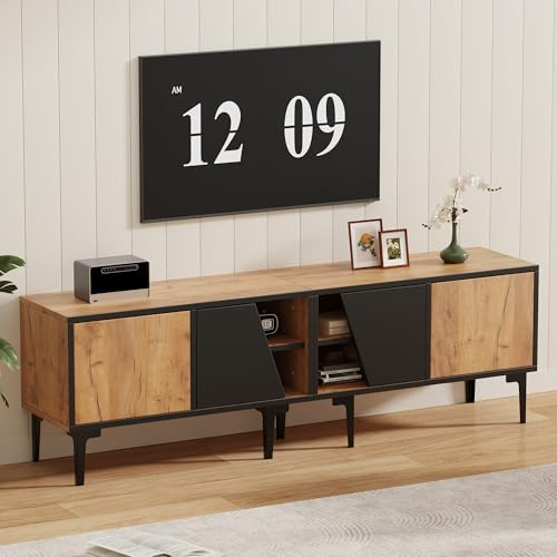 Merax TV-Schrank 160cm, Landhausstil Lowboard mit 4 Kreative Falttüren, Offene Regale, TV-ständer für Fernseher bis zu 65 Zoll, Holz Fernsehschrank für Wohnzimmer, Esszimmer, Naturholzfarbe & Schwarz