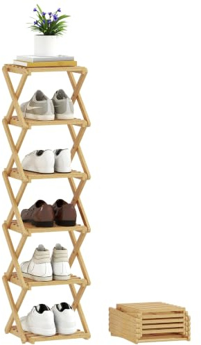 HOMCOM Schuhregal Klappbar mit 6 Ebenen aus Bambus 30 x 29 x 108 cm Natur | Schuhständer, Max. 9 Paar Schuhe, Schmal Schuhablage, für Eingang, Schlafzimmer