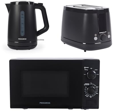 Progress 3-Piece Microwave, Kettle & Toaster Set – 20L 700W Manual Microwave with Turntable & Defrost, 1.7L 3kW Rapid Boil Electric Kettle, 2-Slice Toaster with 6 Browning Levels, Matte Black