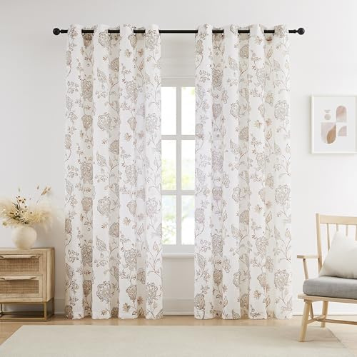 Treatmentex Khaki Blumenmuster Halbtransparente Ösenvorhänge, Leinenoptik Floral Gardinen für Wohnzimmer Schlafzimmer Esszimmer, Lichtdurchlässig 2er Set 140x225 cm