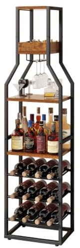 IBUYKE 5-Tier Freestanding Wine Rack,Wine Bottle Display,Brown TMJ916H | Wine Rack Freestanding Floor Mini Bar Cabinet for Home Liquor Stand Wine Glass Holder for Living Room,Kitchen,Dining Room