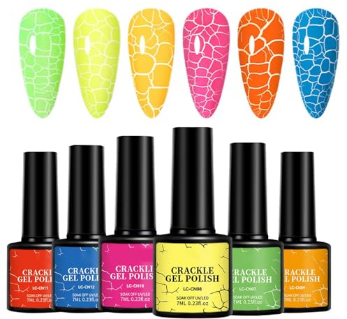 Esmalte De Uñas En Gel: Esmalte Craquelado, Gel De Pintura, Geles Fluorescentes, Juego De 6, Kit De Decoración De Uñas | Remoje El Equipo Llevado Ultravioleta Del Arte Del Clavo Para La Fotografía
