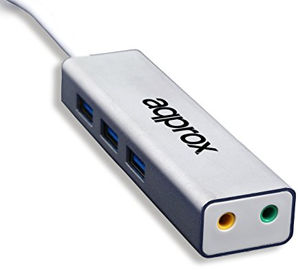 Approx APPUSB51HUB - Hub (3 puertos USB 3.0, adaptador de sonido USB 5.1, conectores Jack 3.5 mm y entrada para micrófono) color plata