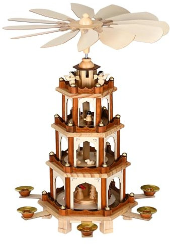 Spielwerk® 4-Tier German Christmas Pyramid Windmill | Hand-Painted Rotating Christmas Decorations for Home | Traditional Advent Candle Holder | Classic Xmas Décor Centrepiece | Brown