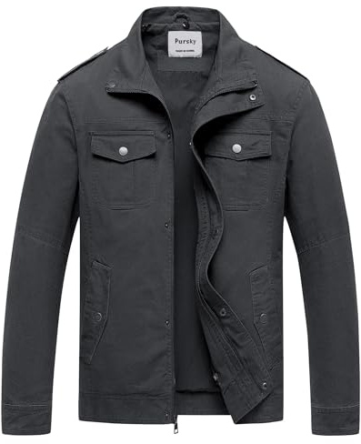 Pursky Men's Fall Field Jacket Cotton Stand Collar Lightweight Military Outwear Grey XL