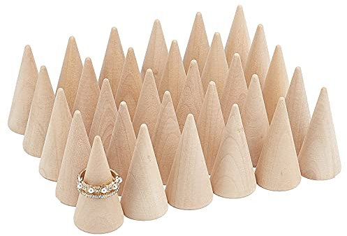 FINGERINSPIRE 30 soportes de madera para anillos de cono de madera, soporte de exhibición de joyería para dedos (BurlyWood 25 x 50 mm), soportes de exhibición de anillo organizador