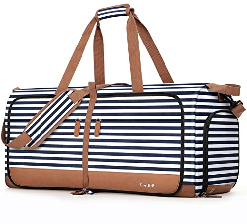 Lekesky Foldable Travel Duffle Bag for Women, 80L Large Duffel Bag with Separate Shoes Compartments & Straps, Carry On Weekend Bag for Women, Hospital, Overnight (Blue Stripes)