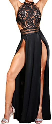 ORANDESIGNE Robe de Soirée Longue Femme avec Ruchés Classique Fendue Robe de Soirée Dentelle Patchwork à Paillettes Empire Élégante A Noir M