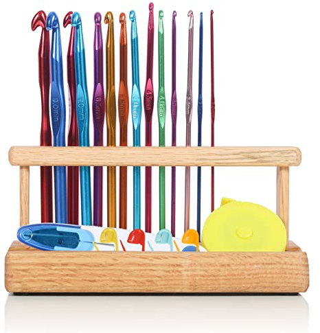 Olikraft 14-Piece Ergonomic Crochet Hook Set with Wooden Holder - Complete Crochet Needle Kit for Crafting Enthusiasts, Includes Essential Crochet Accessories