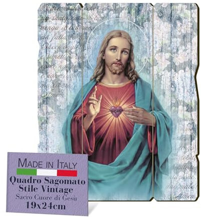 Fratelli Bonella - Quadro Sacro Cuore di Gesù Vintage in Legno di Pioppo Spessore 8 mm Religioso per Camera da Letto 19x24 cm 100% Made in Italy
