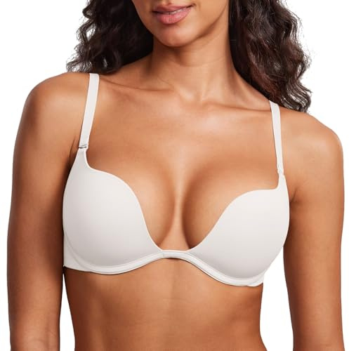 DOBREVA Damen mit Bügel Deep U Push Up Plunge BH Sexy Gepolstert Tshirt Weiss 75B