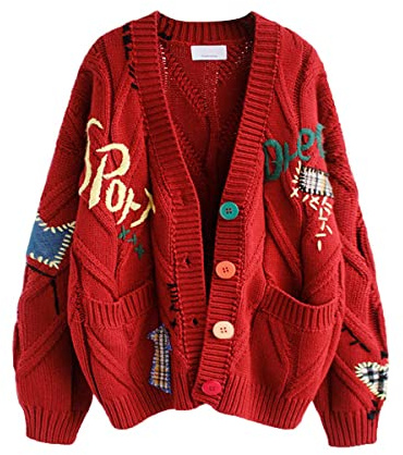 Women's Cable Knit Long Sleeve Open Front Cardigan Sheep V-Neck Button Down Embroidery Wool Blend Sweater Coat Outwear (2XL,Red)