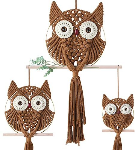MVSUTA Handgefertigter Makramee-Wandbehang, Eulen-Baumwolle, Wandbehang, Heimdekoration, Kunst und Handwerk, wunderbare Dekoration, Galerie (braun, 3-teiliges Set: 1xL & 1xM &xM & 1xS)
