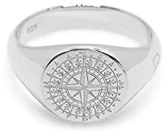 Herren Ring Silber Kompass Siegelring massiv 925 Sterling Silber Gravur rund poliert glänzend maritim | Männer-Schmuck mit Geschenkverpackung (Rose) (70 (20.3))