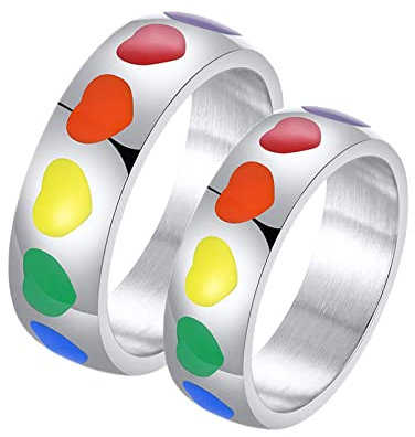 BCughia Ringe Paare, Vorsteckring Silber Edelstahl Ring Silberner LGBT Ring mit Regenbogenherz Emaille Damengröße 52(16.6), Herrengröße 67(21.3)