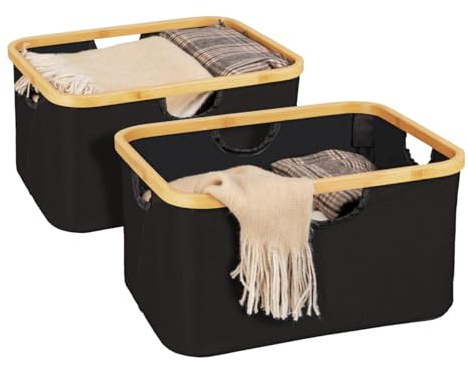 WENKO Korb Mod. Ecori im 2er Set, Faltbare Aufbewahrungskörbe, 28 Liter, Rahmen aus FSC®-zertifiziertem Bambus, Textil aus recyceltem Polyester, 40 x 21,5 x 33, Natur/Schwarz