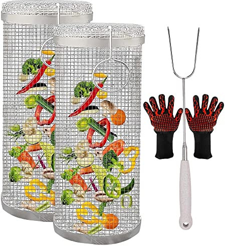 Rolling Grilling Basket Set with Fork & Gloves,Portable Stainless Steel Wire Mesh Cylinder Grill Basket for Vegetables,French Fries,Fish - Dishwasher Safe(Size:Little,Color:1 Pcs) (2 Pcs Big)