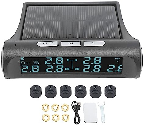 TPMS-Reifendrucküberwachung, Kabellose Solarenergie, TPMS-LCD-Display, 6 Sensoren, Reifendrucküberwachungssystem, IP68, Wasserdichter Monitor für Wohnmobil, Anhänger, Van, SUV,