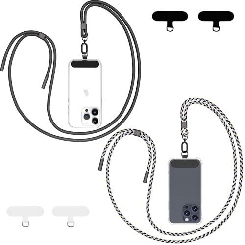Qyoocom Handykette Universal für alle Smartphones,2 Stück Schlüsselband Kette zum Umhängen mit 4 Universelles Pad,Einstellbar und Abnehmbar. (Blau Camouflage+Schwarz)