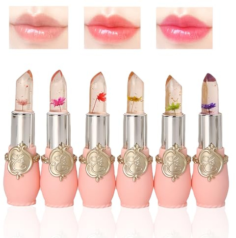 Flower Jelly Rouge à Lèvres en Gelée, 6Pcs Fleur Température Couleur Magique Changeant Imperméable Baume à Lèvres Crystal, Soin Naturel Brillant Gloss Lèvres, Durable Hydratant Longue Durée