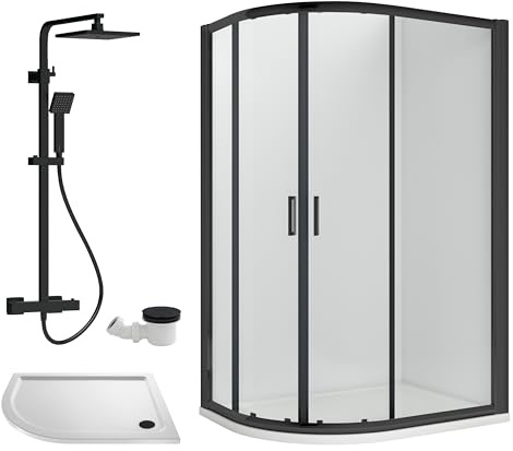 Balterley Offset Quadrant Shower Enclosure, Offset Quadrant Tray, Waste & Thermostatic Shower Kit, 6mm Toughened Safety Glass Door, Bar Handle Sliding Glass Door, Square Showerhead & Handset (Black)