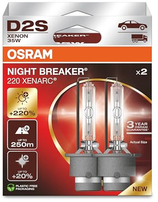 OSRAM XENARC NIGHT BREAKER 220, D2S, +220% di luminosità in più, lampada per fari allo xeno, 66240XN2-2HB, scatola pieghevole (2 lampade)