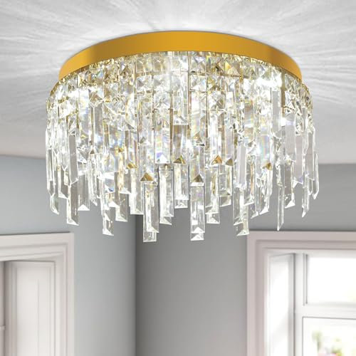 VETRULUS Crystal Chandeliers for Dining Room, Gold Round Luxury Flush Mount Crystal Ceiling Light Fixture - Modern Chandelier for Bedroom Living Room Kitchen Island