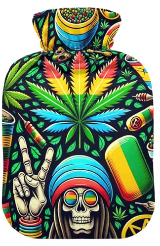 Cannabis Marihuana Wärmflaschen mit weichem Bezug, Bett, Hand- und Fußwärmer, Wintergeschenk, Wärmbeutel für heiße und kalte Kompresse, 2 Liter