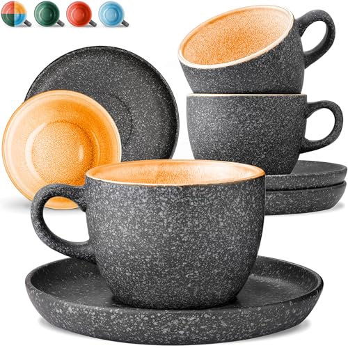 Cosumy Cappuccino Cups and Saucers Set of 4 – 200ml Ceramic Coffee Cups, 𝗘𝘅𝘁𝗿𝗮-𝗧𝗵𝗶𝗰𝗸 Stoneware - Handmade Reactive Glaze - Keeps Warm Longer (Yellow)