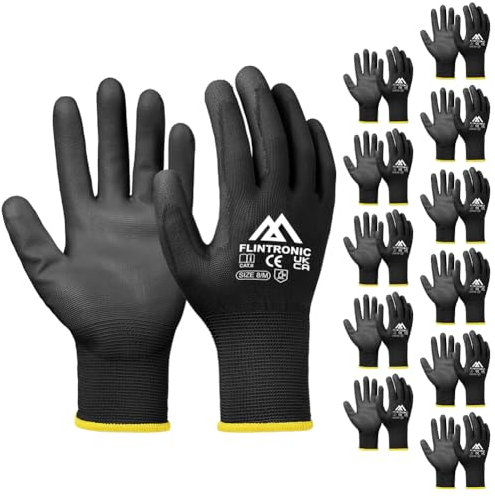flintronic 12 Paar Arbeitshandschuhe, Nylon Arbeit Handschuhe für Herren und Damen, Beschichtete Gartenhandschuhe, mit PU-Beschichtung, Rutschfeste Handschuhe,für Bauarbeiter Mechaniker, Schwarz 8/M