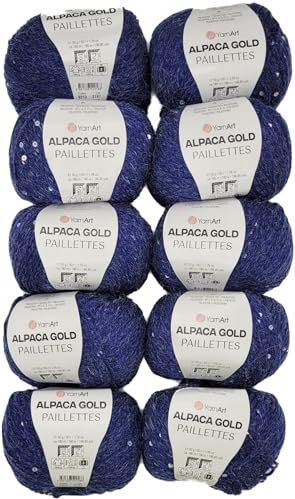 10 x 50g Alpaca Gold Paillettes Strickwolle einfarbig mit Pailletten, 500 Gramm Paillettengarn, Paillettenwolle 20% Alpaka-Anteil, Effektgarn, Strickgarn (blau 9313)