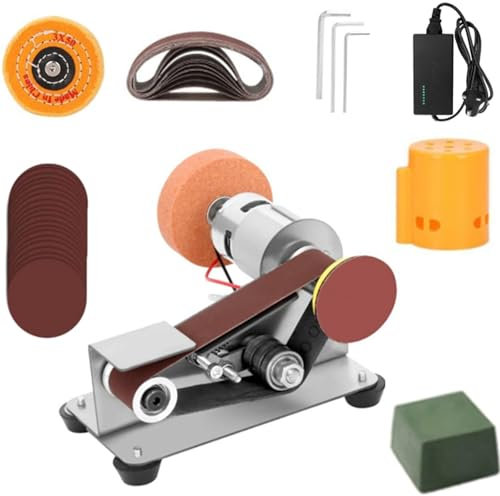 Mini amoladora de banco, mini lijadora de banda eléctrica, amoladora pulidora multifuncional de 7 velocidades ajustables, 1 muela abrasiva, 1 muela pulidora, para trabajar el metal, carpintería de b