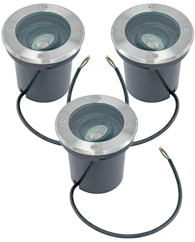 JungesLicht 3x Bodeneinbauleuchte außen, schwenkbar, GU10, Edelstahl Bodenstrahler IP67, 2000kg belastbar, 230V Anschluß, 130mm Ø, Fassadenleuchte, Pflanzenbeleuchtung, ohne Leuchtmittel (RUND)