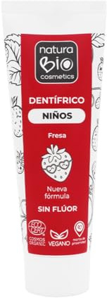 NaturaBio Cosmetics - Pasta de Dientes para Niños Sabor Fresa 100% Natural,Vegana, Sin Gluten, Sin Flúor 75ml
