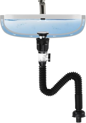 Abflussrohr-Kit mit Überlauf für Waschbecken Abfluss, KEOKBON Siphon Waschbecken Ablaufgarnitur mit Pop-Up-Filter Abflussstopfen und Ablaufschlauch 30-100cm,Geruchsdicht und Flexibler -Chrom