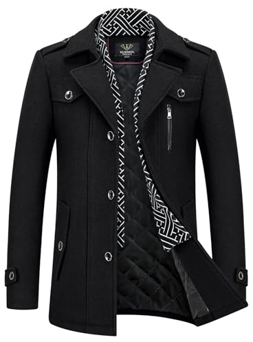 KUDMOL Men's Wool Blend Winter Coat with Detachable Knitted Scarf Collar | Mid-Length Warm Coat with Padded Lining, Single-Breasted, Multiple Pockets, Casual Business Outerwear for Autumn Winter