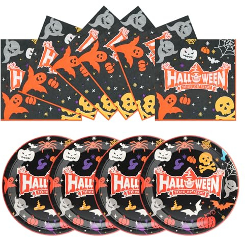PARTY GO Natale horror 2025 50 Pezzi Piatti e Tovaglioli Halloween Kit Halloween Party, Stoviglie Carta Decorazioni Tavola per 25 Ospiti Nero Feste di Compleanno da Brivido Decorazioni per Bambini